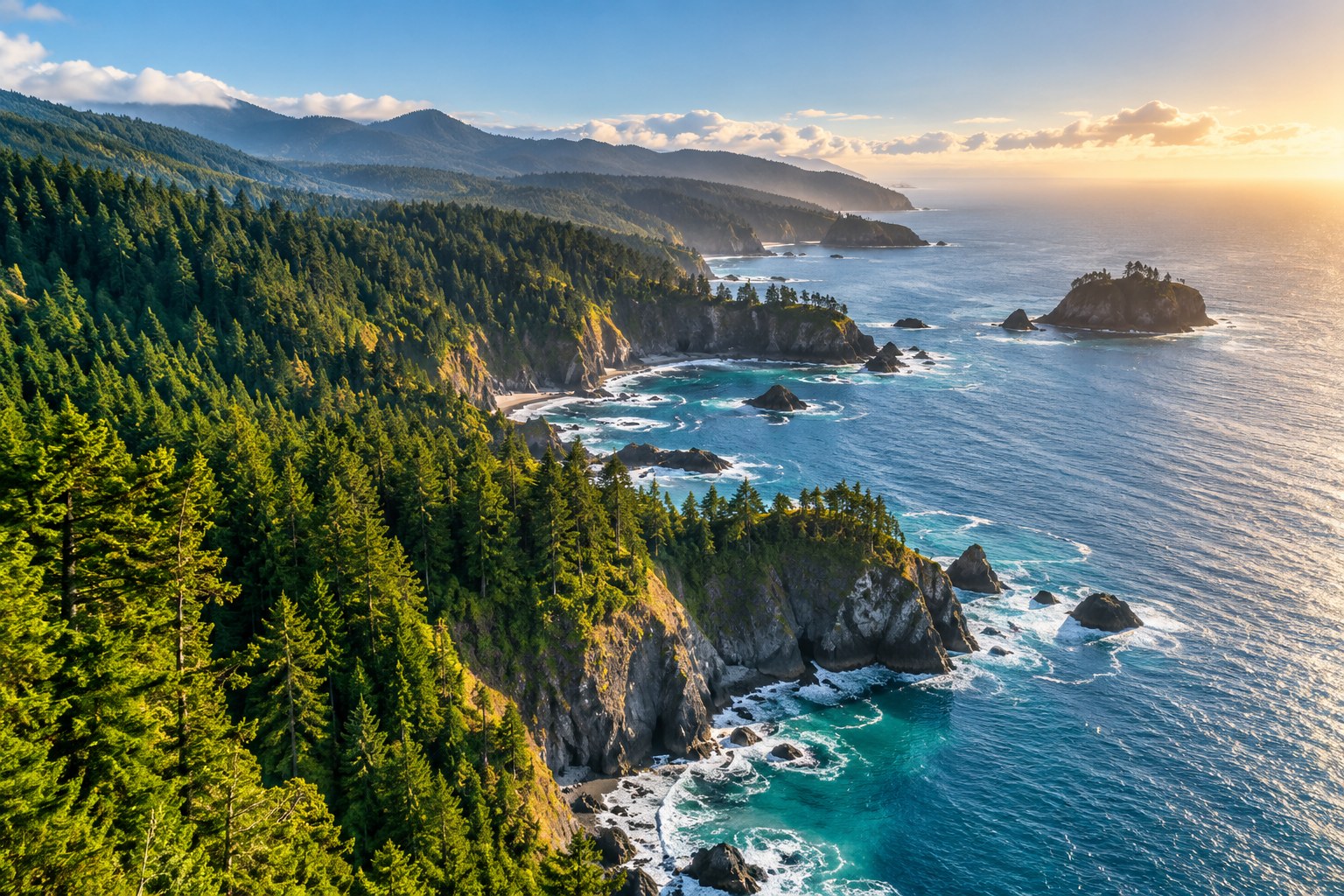 A green coastal forest overlooking blue ocean water
